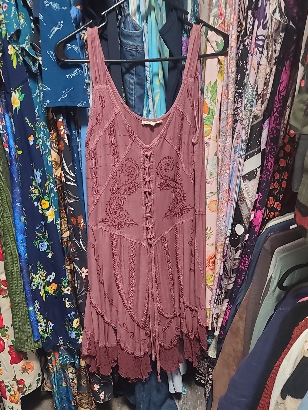 Sleeveless Mauve Boho Embroidered Women's Top Lace Tie Back Ren Fair